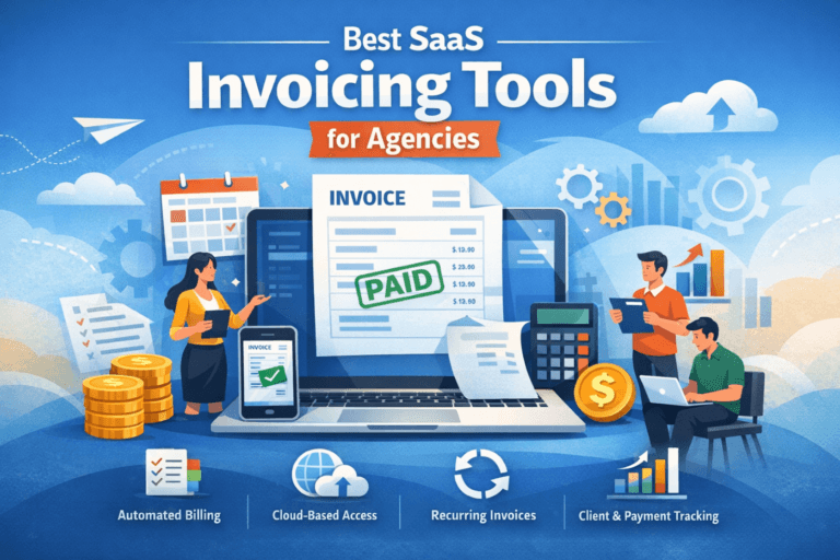 Dashboard screens showing top SaaS invoicing tools used by agencies with invoices, client lists, and billing features