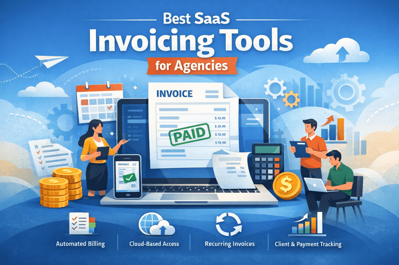 Dashboard screens showing top SaaS invoicing tools used by agencies with invoices, client lists, and billing features