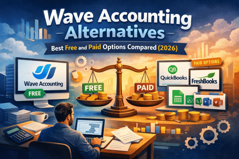 Comparison of Wave Accounting alternatives showing free and paid accounting software dashboards for small businesses in 2026