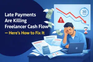 Late payments affecting freelancer cash flow with overdue invoices, falling revenue chart, and stressed freelancer working on laptop