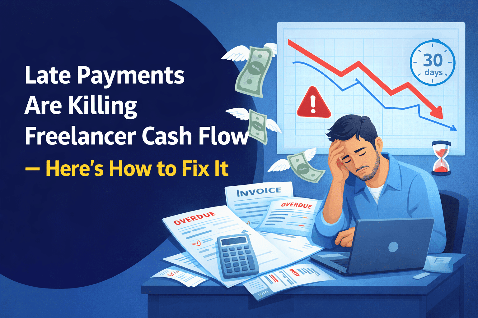 Late payments affecting freelancer cash flow with overdue invoices, falling revenue chart, and stressed freelancer working on laptop